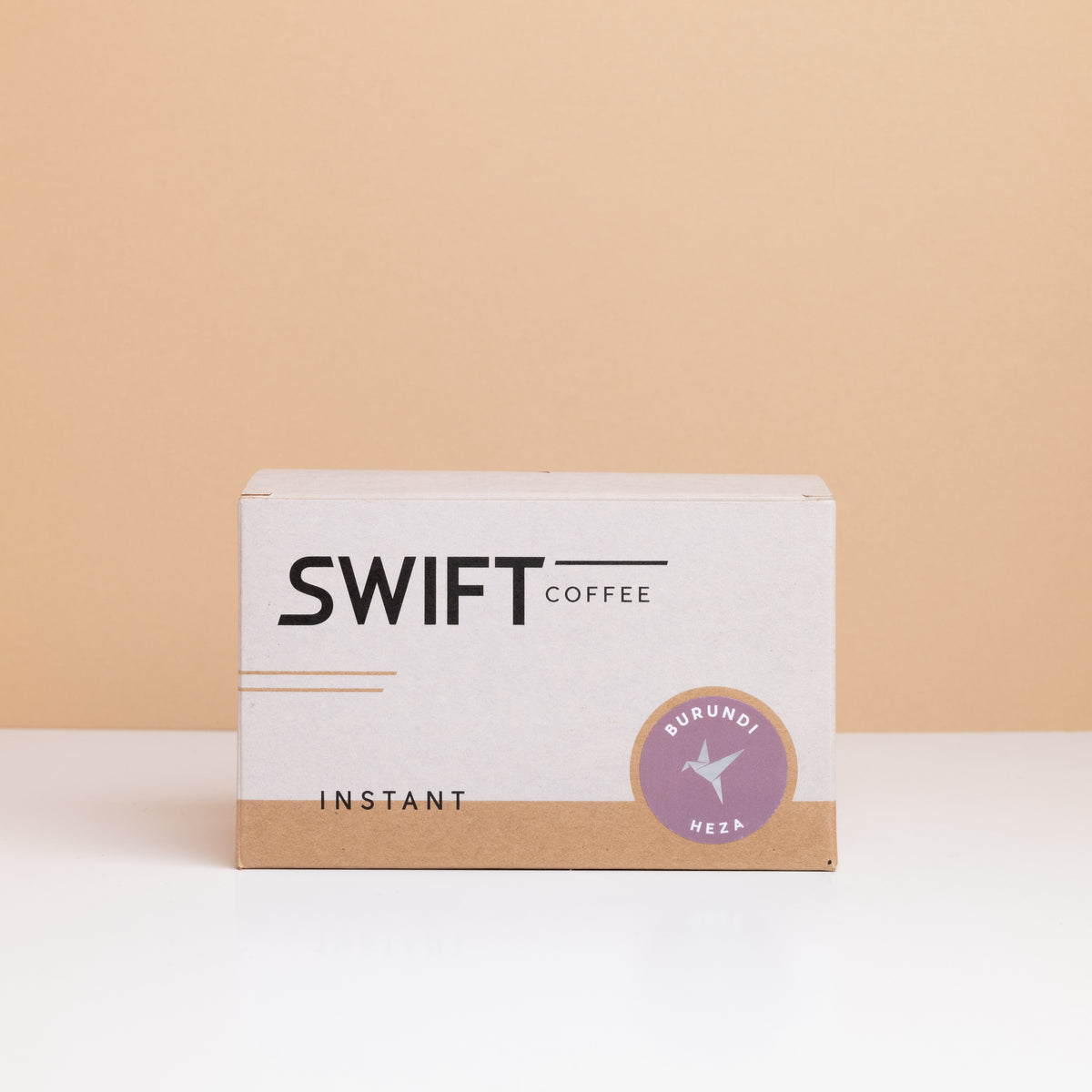 Closed box of Swift Coffee Burundi Heza instant coffee single-serve sachets