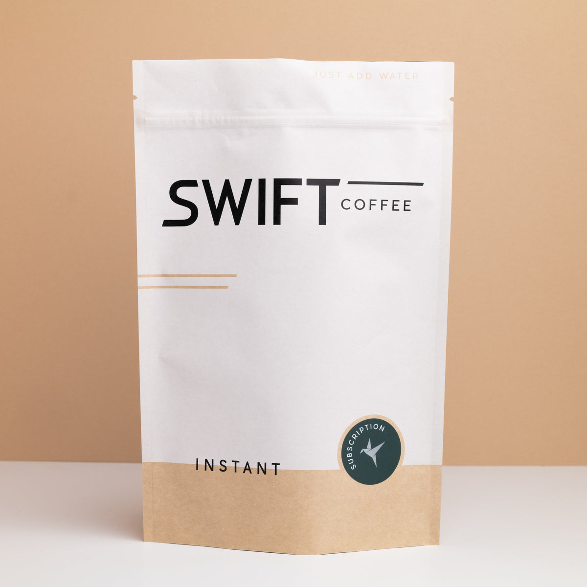 Swift Coffee Variety Pack instant coffee pouch on a tan backdrop