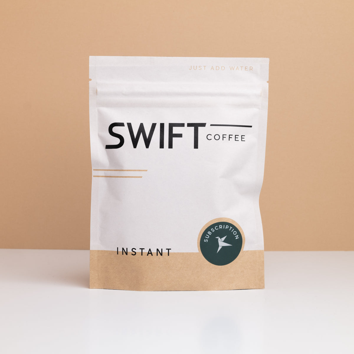 Swift Coffee Variety Pack instant coffee pouch on a tan backdrop