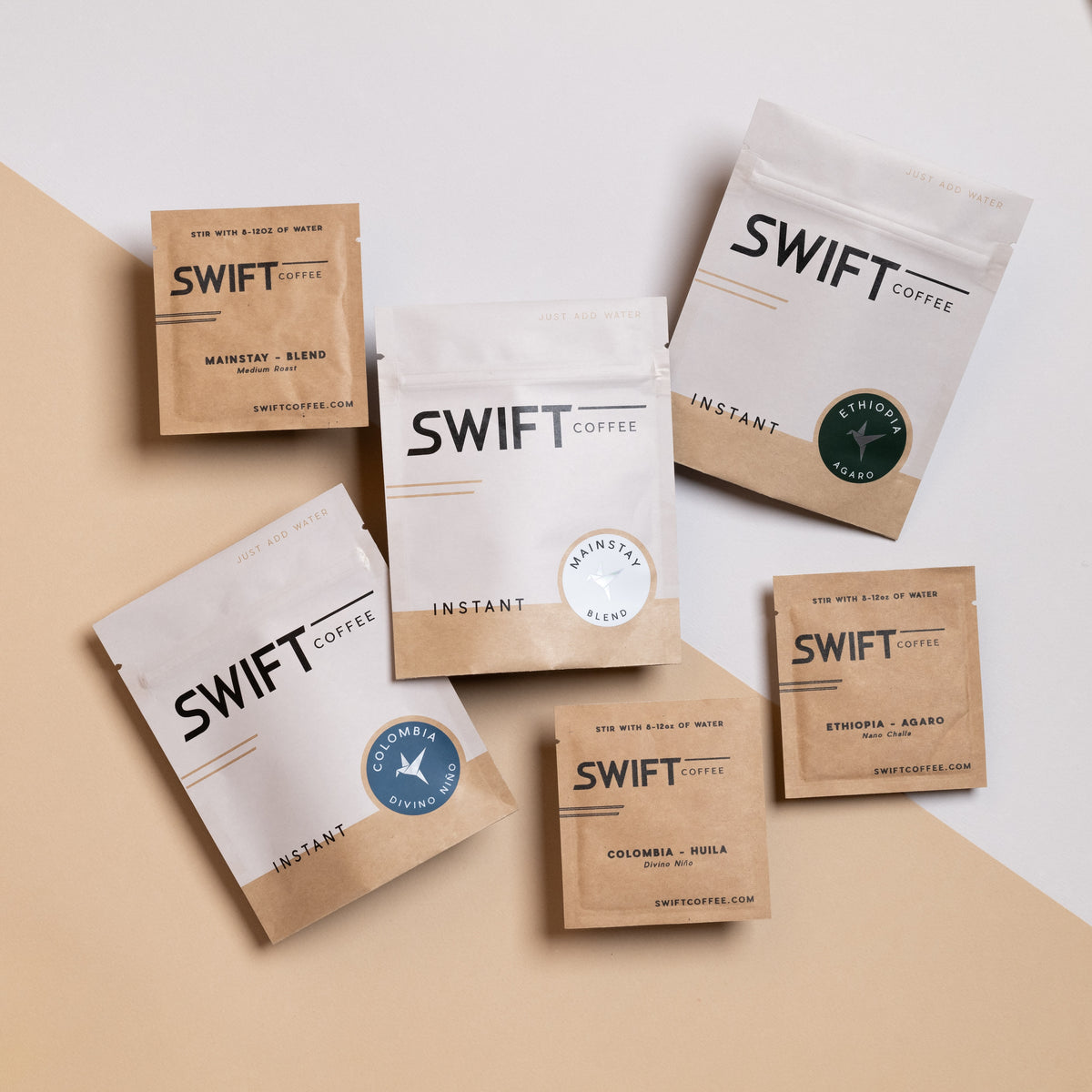 Overhead view of Swift Coffee pouches and single-serve sachets from The Essentials set
