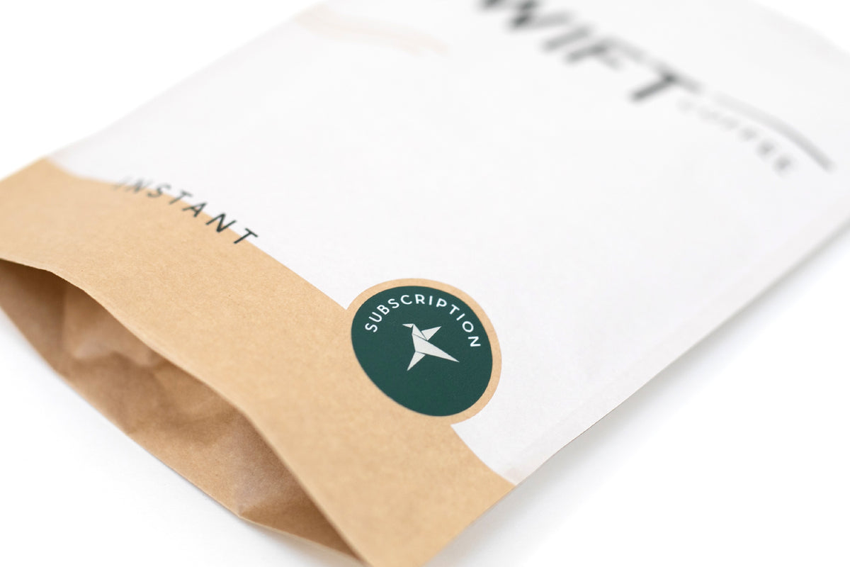 Close-up of the label on a Swift Coffee Variety Pack instant coffee pouch