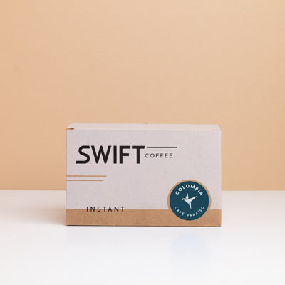 Closed box of Swift Coffee Colombia Cafe Paraiso instant coffee single-serve sachets
