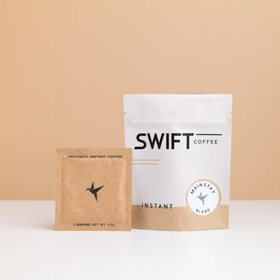 Swift Coffee Mainstay Blend instant coffee: white pouch with a Mainstay Blend label and a kraft single-serve sachet