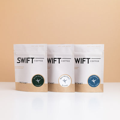 Three Swift Coffee pouches from The Essentials set: Mainstay Blend, Ethiopia Agaro and Colombia