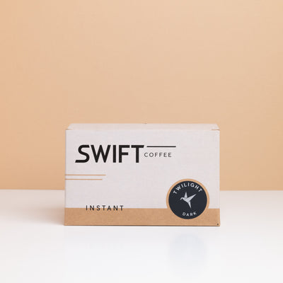 Closed box of Swift Coffee Twilight Dark Roast instant coffee single-serve sachets