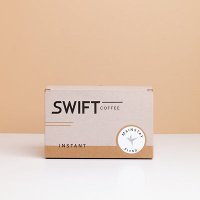 Closed box of Swift Coffee Mainstay Blend instant coffee single-serve sachets
