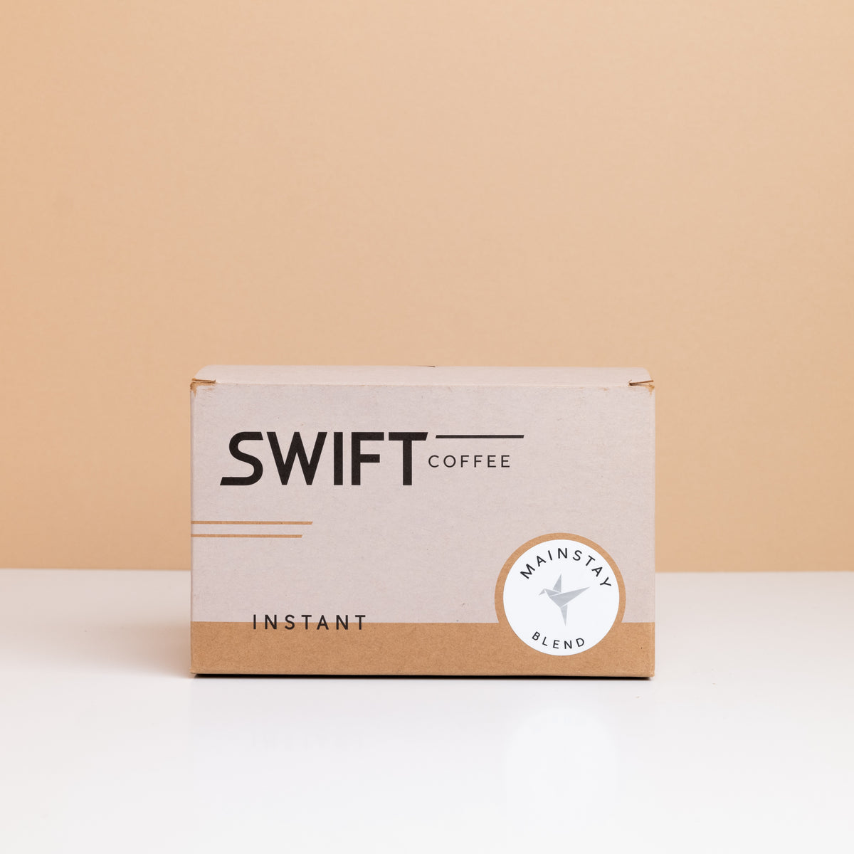 Closed box of Swift Coffee Mainstay Blend instant coffee single-serve sachets