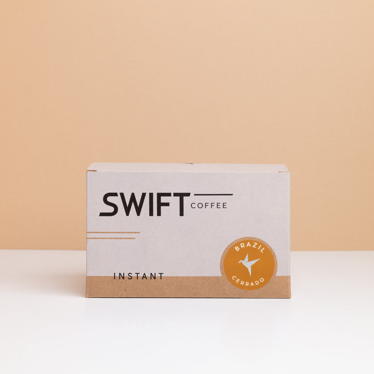 Closed box of Swift Coffee Brazil Cerrado instant coffee single-serve sachets