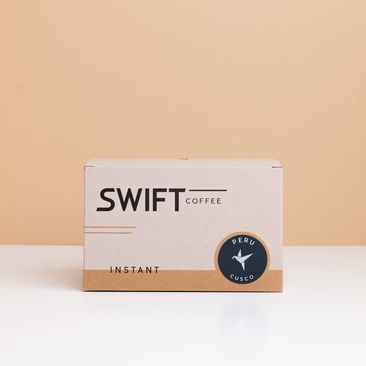 Closed box of Swift Coffee Peru Cusco instant coffee single-serve sachets
