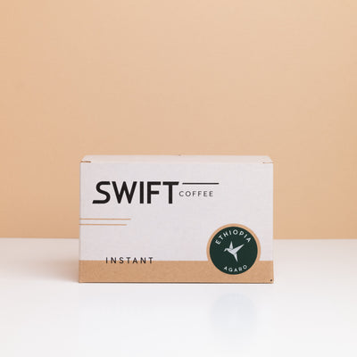 Closed box of Swift Coffee Ethiopia Agaro instant coffee single-serve sachets