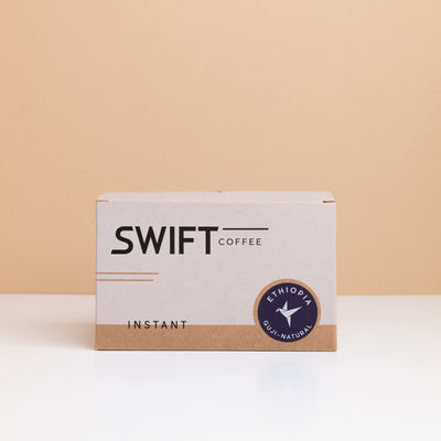 Closed box of Swift Coffee Ethiopia Guji Natural instant coffee single-serve sachets