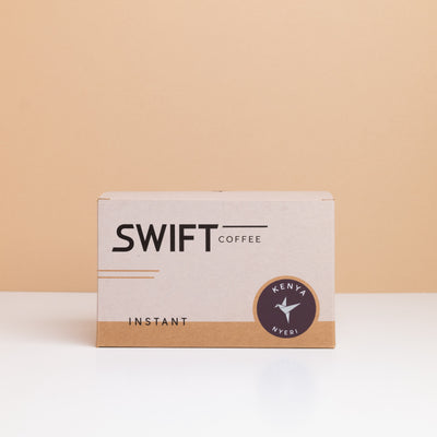 Closed box of Swift Coffee Kenya Nyeri instant coffee single-serve sachets