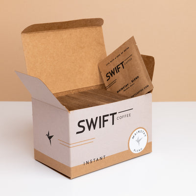Open Swift Coffee 48-cup box of instant coffee single-serve sachets with a Mainstay Blend label