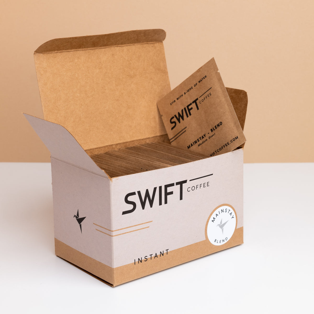 Open Swift Coffee 48-cup box of instant coffee single-serve sachets with a Mainstay Blend label