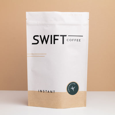 Swift Coffee Variety Pack instant coffee pouch on a tan backdrop