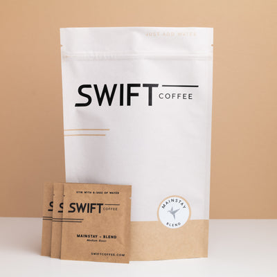 Swift Coffee Mainstay Blend subscription: large white pouch and three kraft sachets labeled Mainstay Blend, Medium Roast