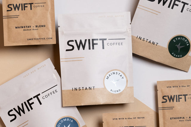 Swift Coffee Mainstay Blend, Ethiopia Agaro and Colombia instant coffee pouches with single-serve sachets