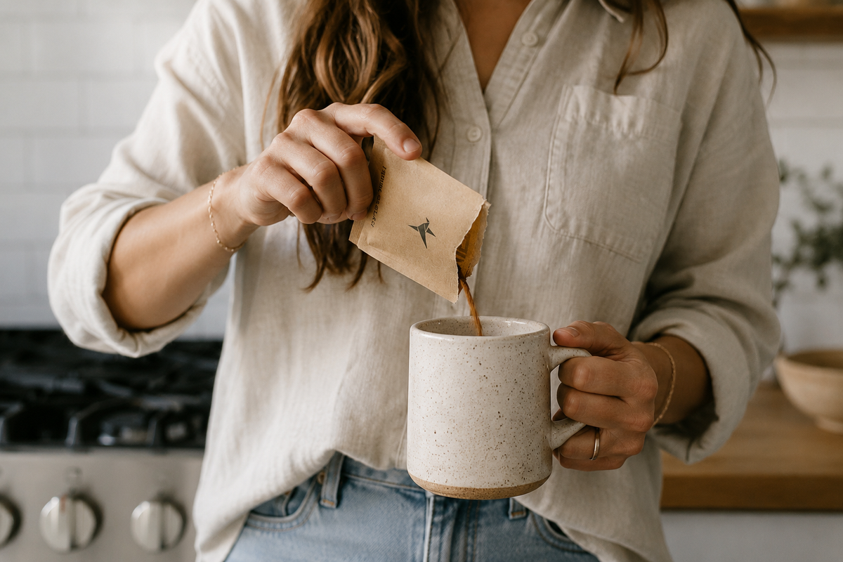 A person in a kitchen pouring coffee from a small kraft paper pouch into a speckled ceramic mug.