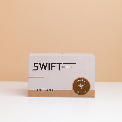 Closed box of Swift Coffee Brazil Bom Dia instant coffee single-serve sachets
