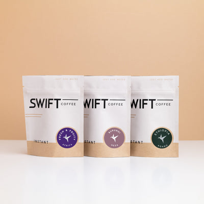 Three Swift Coffee instant coffee pouches: Fresh & Fruity Africa, Burundi Heza and Ethiopia Agaro