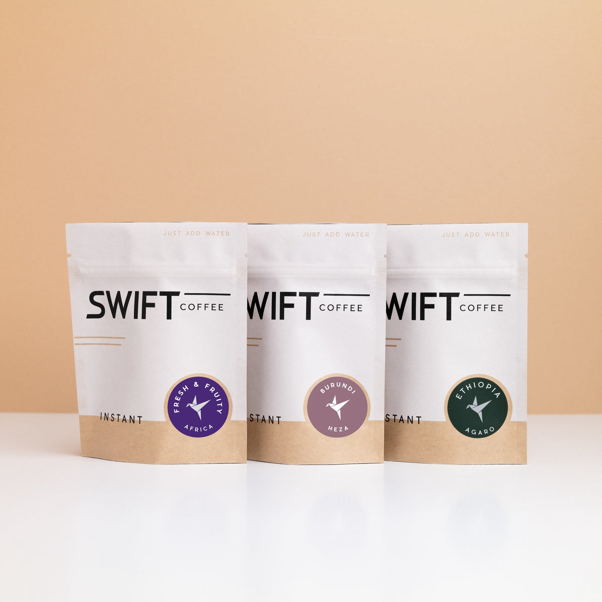 Three Swift Coffee instant coffee pouches: Fresh & Fruity Africa, Burundi Ninga Honey and Ethiopia Agaro