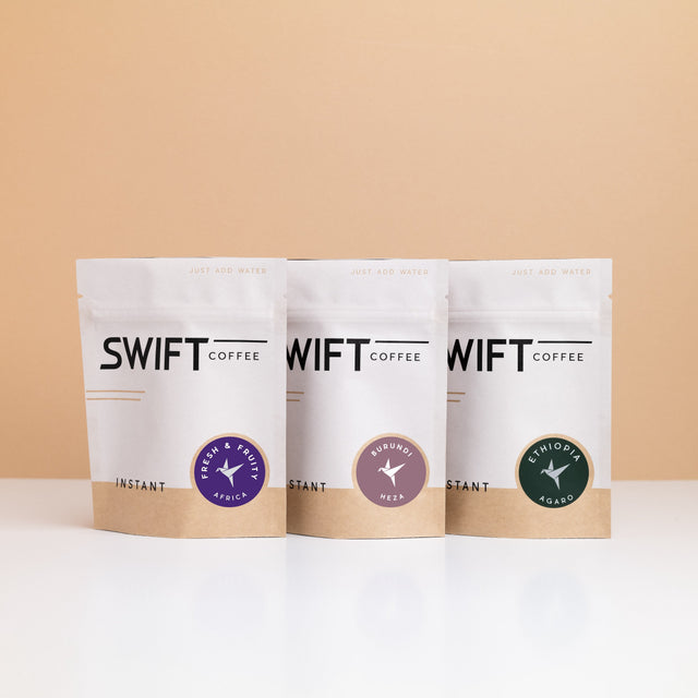 Three Swift Coffee instant coffee pouches: Fresh & Fruity Africa, Burundi Ninga Honey and Ethiopia Agaro