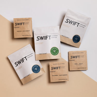Swift Coffee instant coffee pouches and single-serve sachets, including Honduras Santa Barbara, Colombia Cafe Paraíso and Peru Cusco