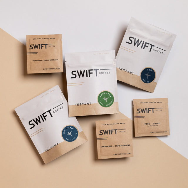 Swift Coffee instant coffee pouches and single-serve sachets, including Honduras Santa Barbara, Colombia Cafe Paraíso and Peru Cusco