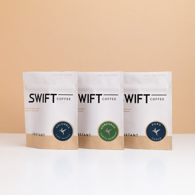 Swift Coffee Latin American Trio instant coffee pouches: Colombia Cafe Paraiso, Honduras Santa Barbara and Peru Cusco