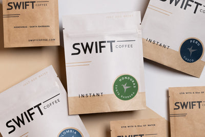 Overhead view of Swift Coffee Latin American Trio pouches and single-serve sachets, including Honduras Santa Barbara