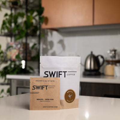 Swift Coffee Brazil Bom Dia instant coffee, 6-cup pouch, on a kitchen counter