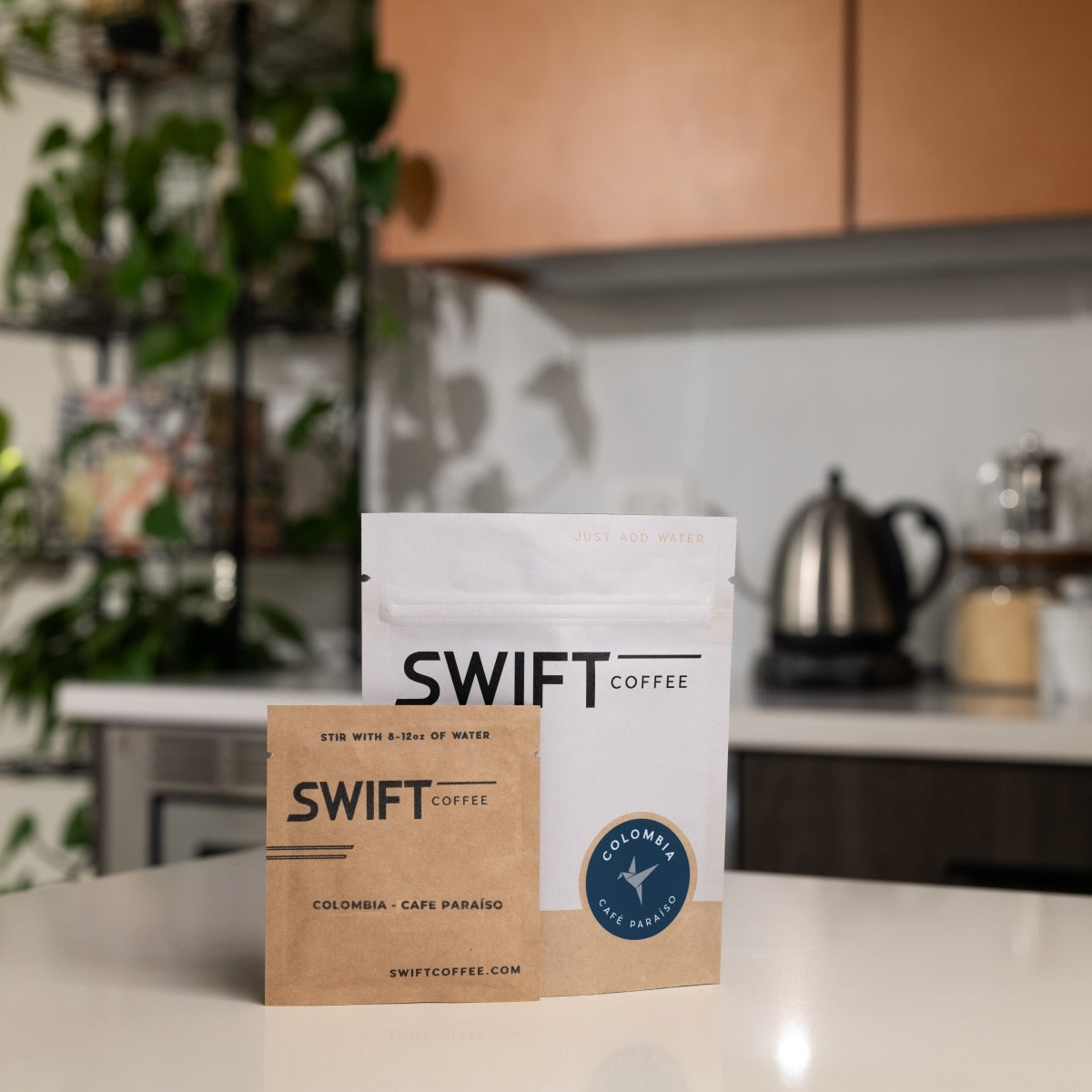 Swift Coffee Colombia Cafe Paraiso instant coffee, 6-cup pouch, on a kitchen counter