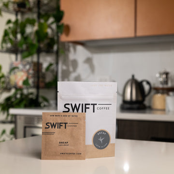 Swift Coffee Decaf Latin Blend instant coffee, 6-cup pouch, on a kitchen counter