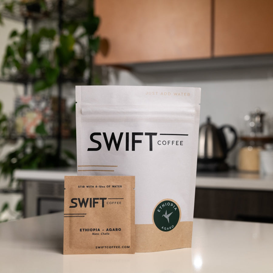 Swift Coffee Ethiopia Agaro instant coffee, 18-cup pouch, on a kitchen counter