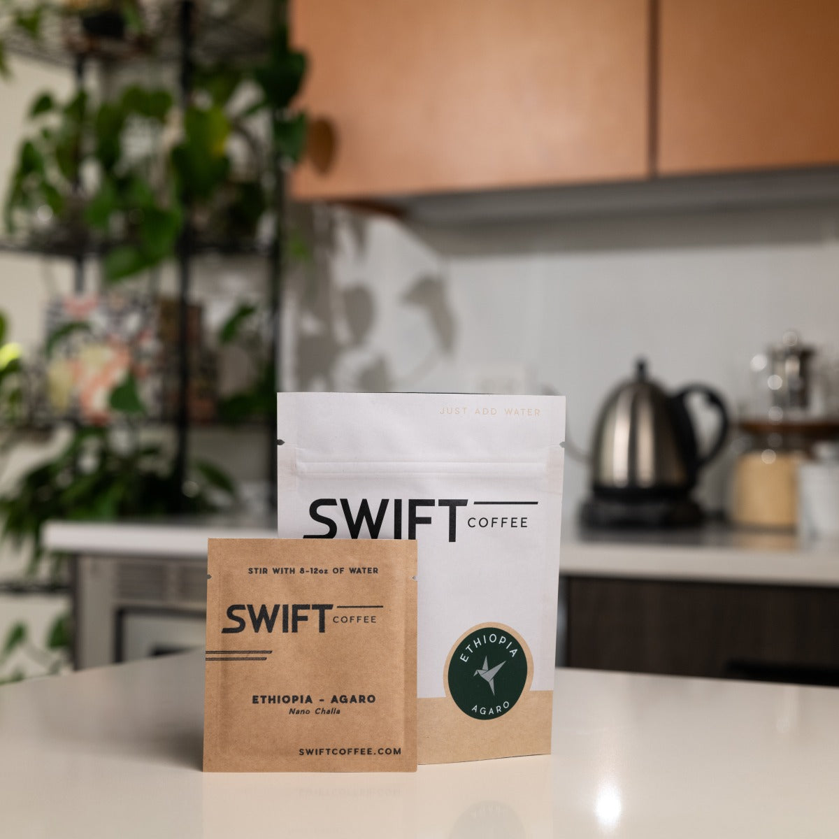 Swift Coffee Ethiopia Agaro instant coffee, 6-cup pouch, on a kitchen counter