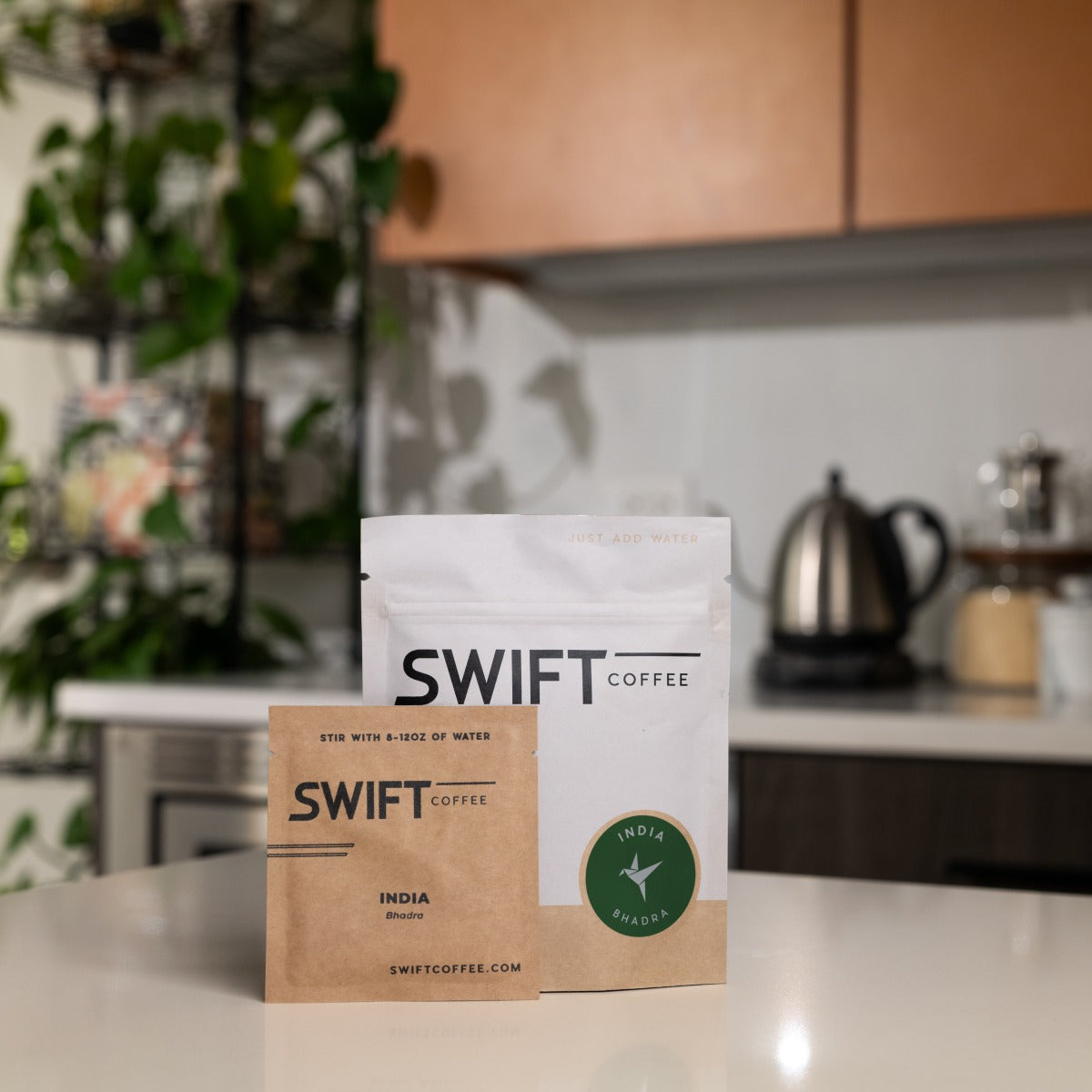 Swift Coffee India Bhadra instant coffee, 6-cup pouch, on a kitchen counter