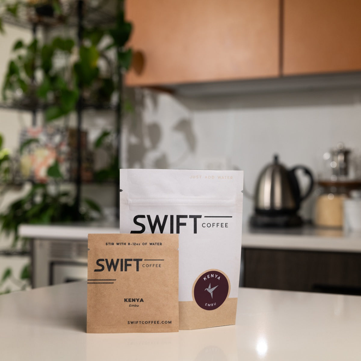 Swift Coffee Kenya Embu instant coffee, 6-cup pouch, on a kitchen counter