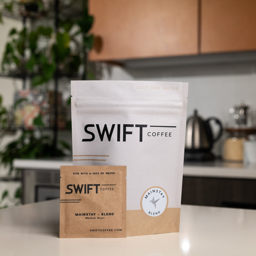 Swift Coffee Mainstay Blend instant coffee, 18-cup pouch, on a kitchen counter