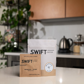 Swift Coffee Mainstay Blend instant coffee, 6-cup pouch, on a kitchen counter