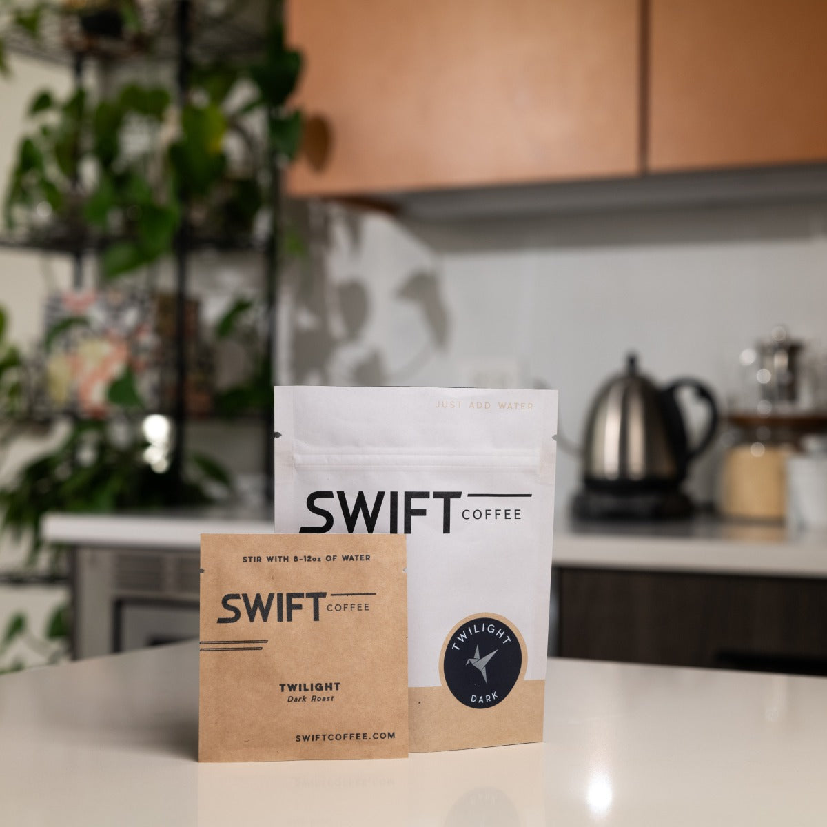 Swift Coffee Twilight Dark Roast instant coffee, 6-cup pouch, on a kitchen counter