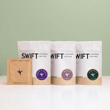 Swift Coffee East Africa Trio instant coffee pouches on a sage background