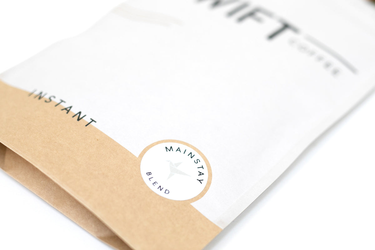 Close-up of the label on a Swift Coffee Mainstay Blend instant coffee pouch