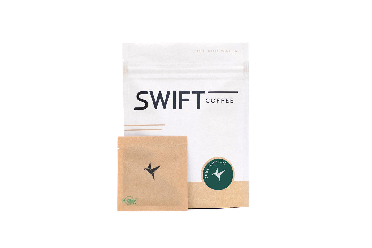 Swift Coffee Variety Pack instant coffee pouch with a kraft single-serve sachet, on a white background